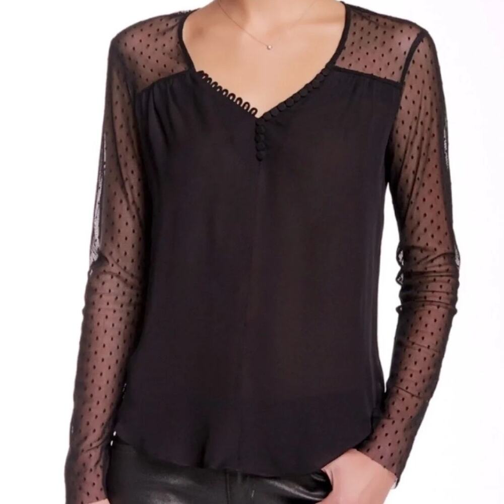 BCBGMaxazria Silk & Mesh Blouse Womens XS Black Lacy Ruched Sleeves Whimsigoth